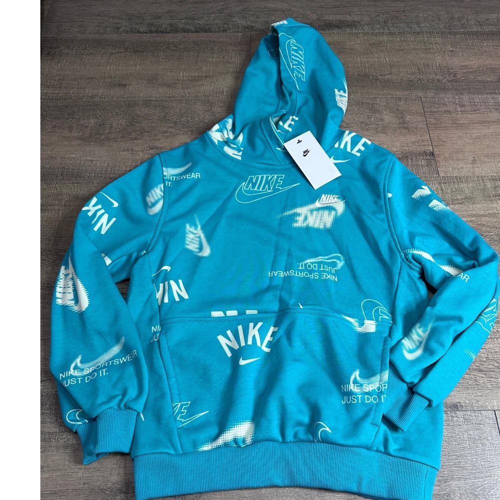 Nike Kids Sportswear Club Fleece All Over Print Hoodie Teal Blue Large  NWT